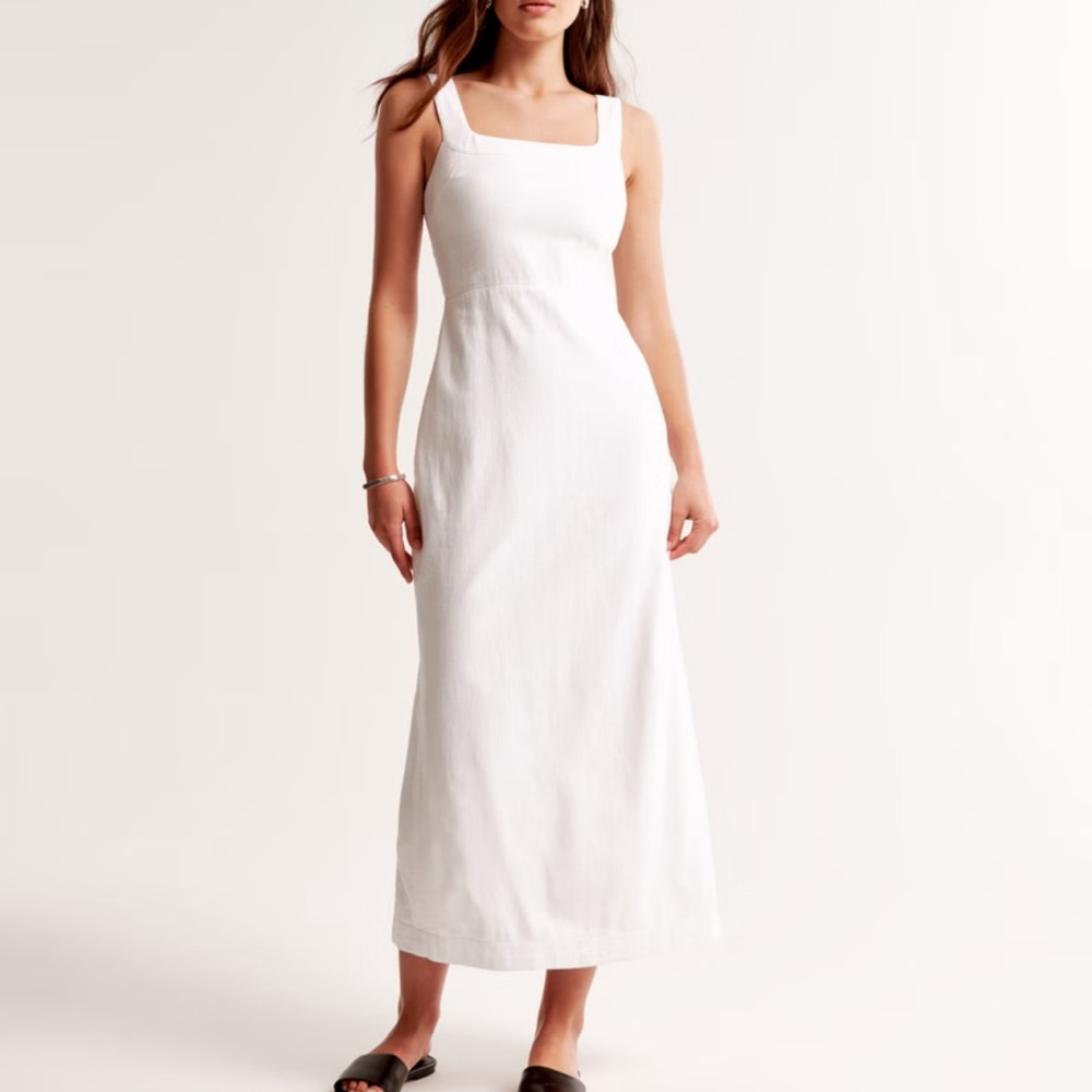A&F Linen-Blend Squareneck Column Midi Dress -White 🤍